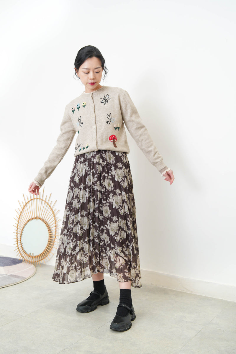 Floral pleats skirt w/ elastic waist