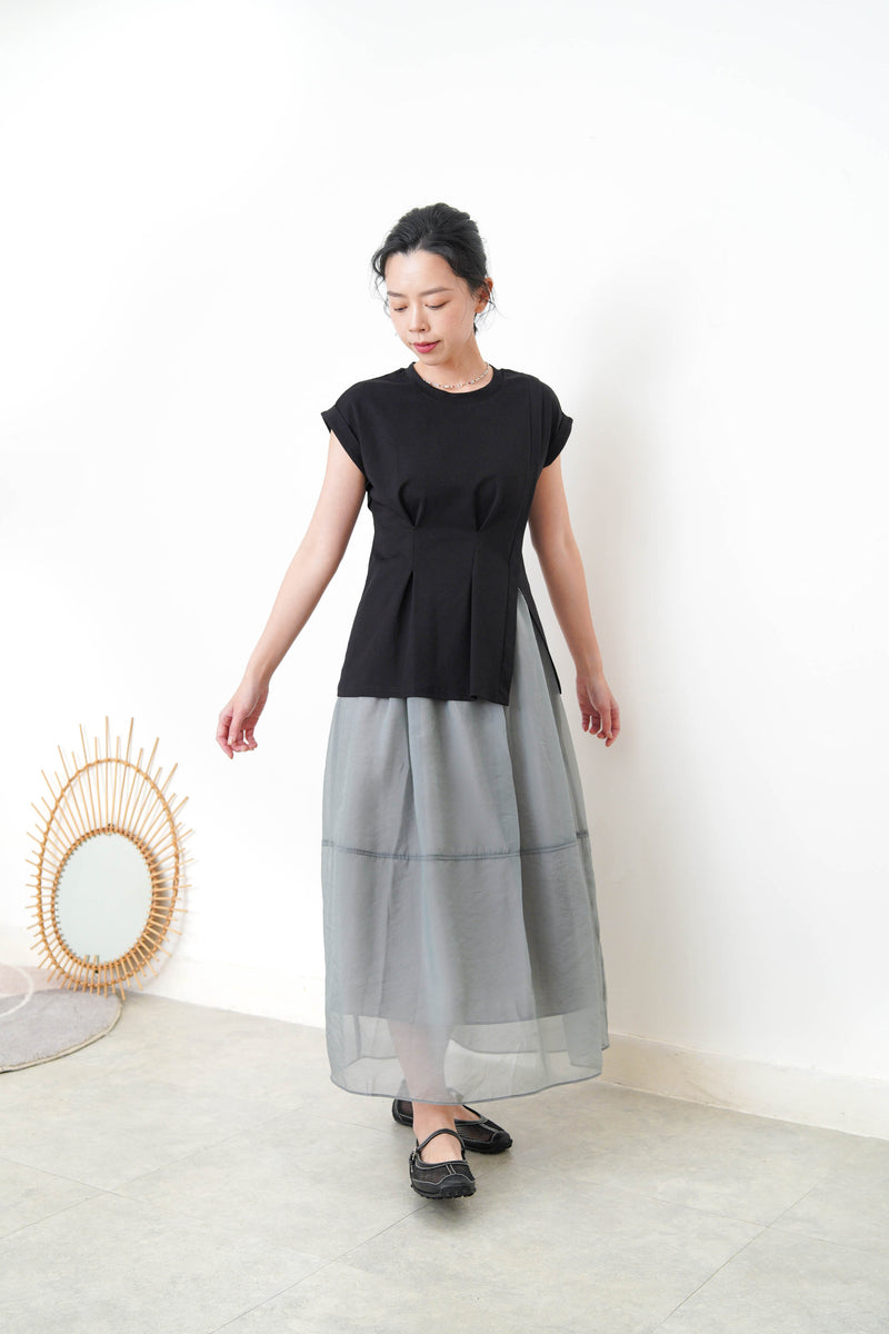 Black split hem vest w/ gather waist details