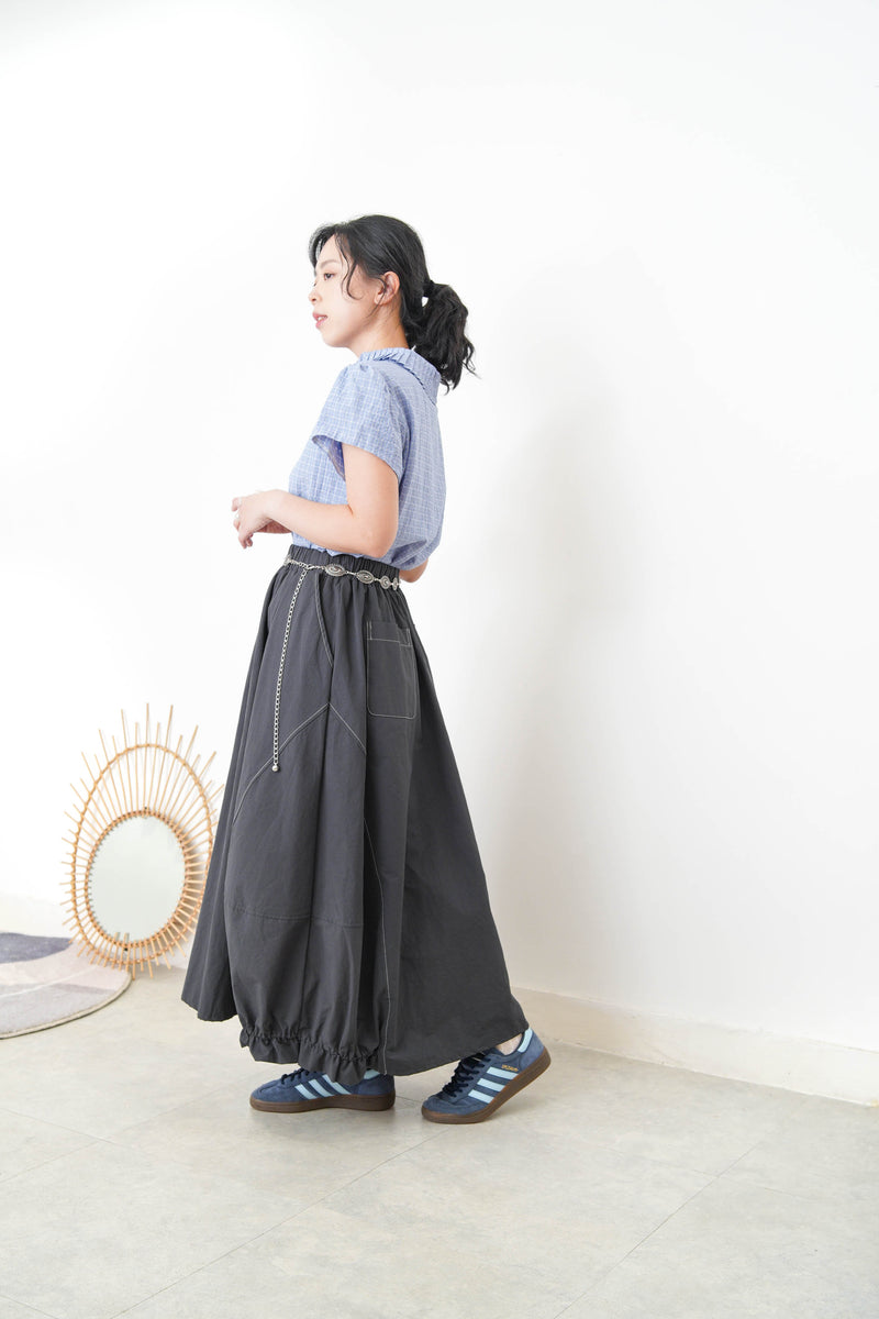 Blue checked blouse w/ pleats collar
