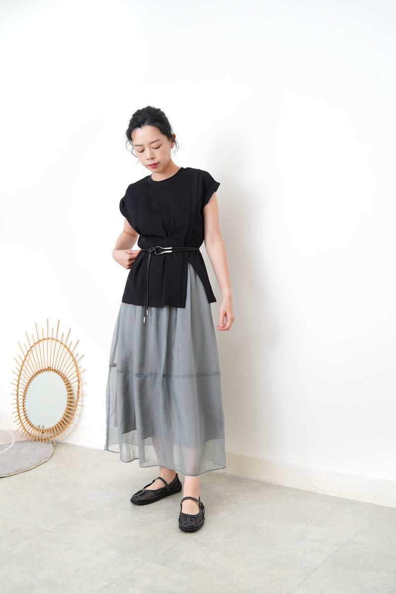 Black split hem vest w/ gather waist details