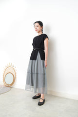 Black split hem vest w/ gather waist details