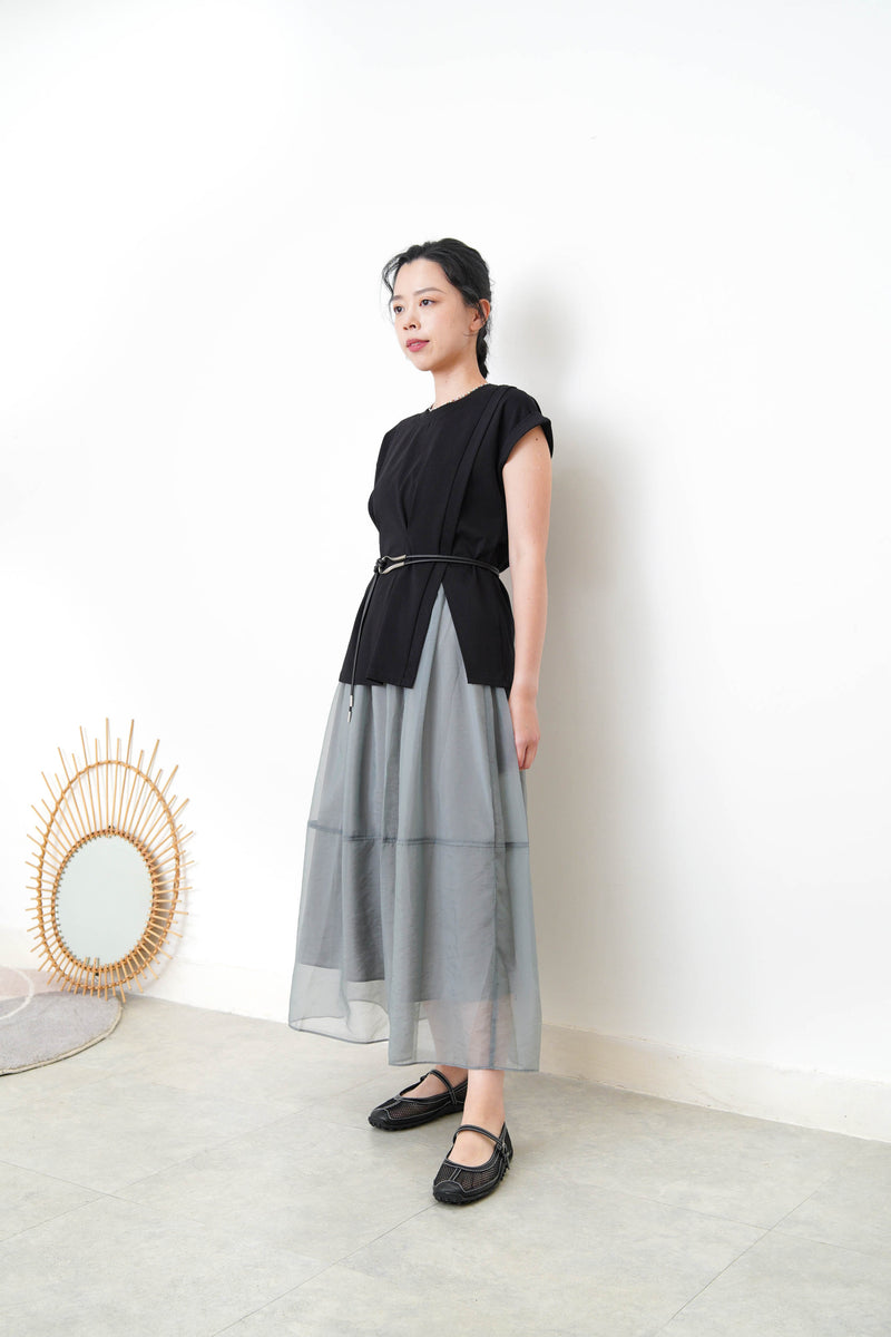 Black split hem vest w/ gather waist details