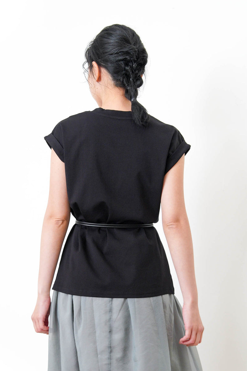 Black split hem vest w/ gather waist details