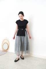Black split hem vest w/ gather waist details