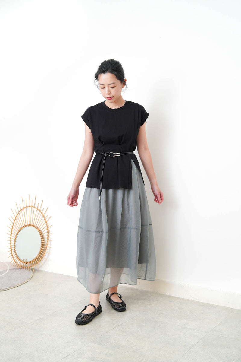 Black split hem vest w/ gather waist details