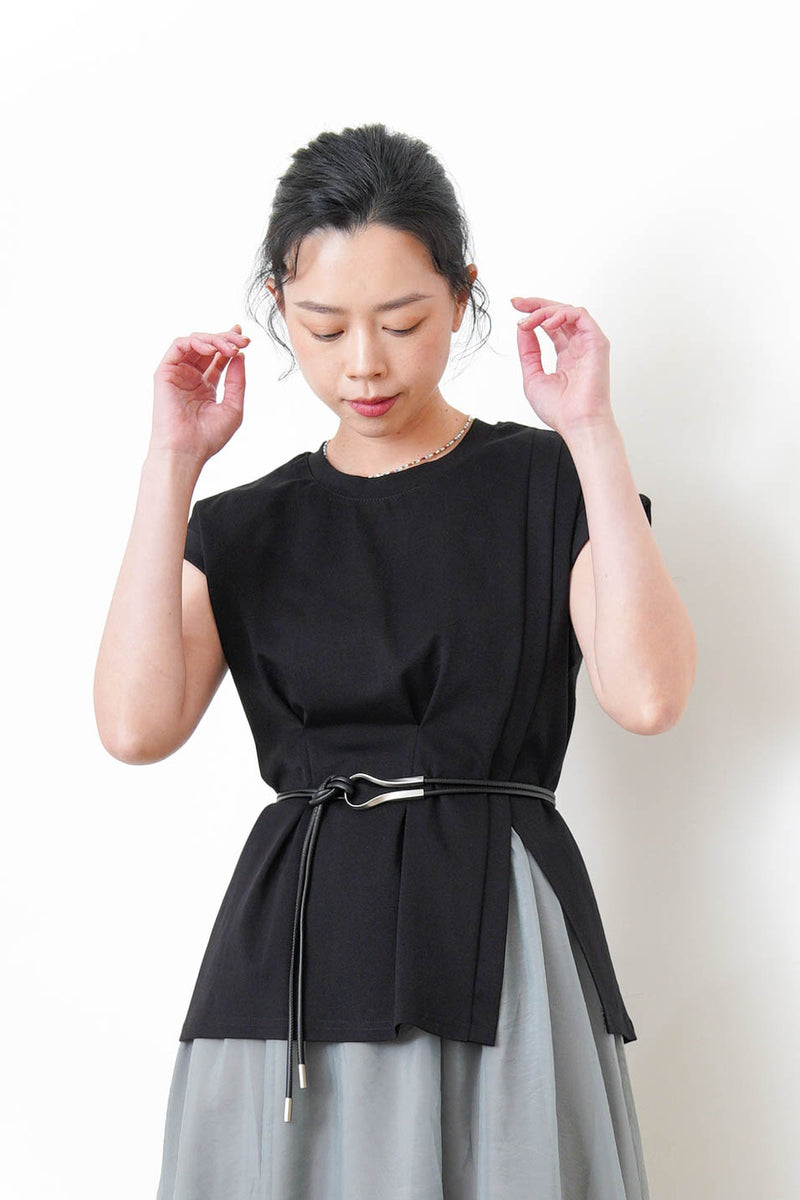 Black split hem vest w/ gather waist details