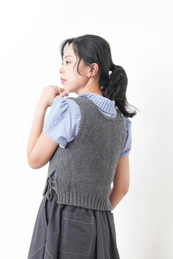 Blue checked blouse w/ pleats collar