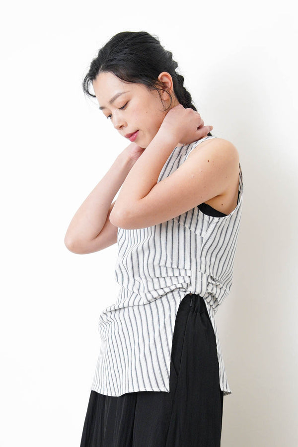 Stripes vest in ribbon gather split hem