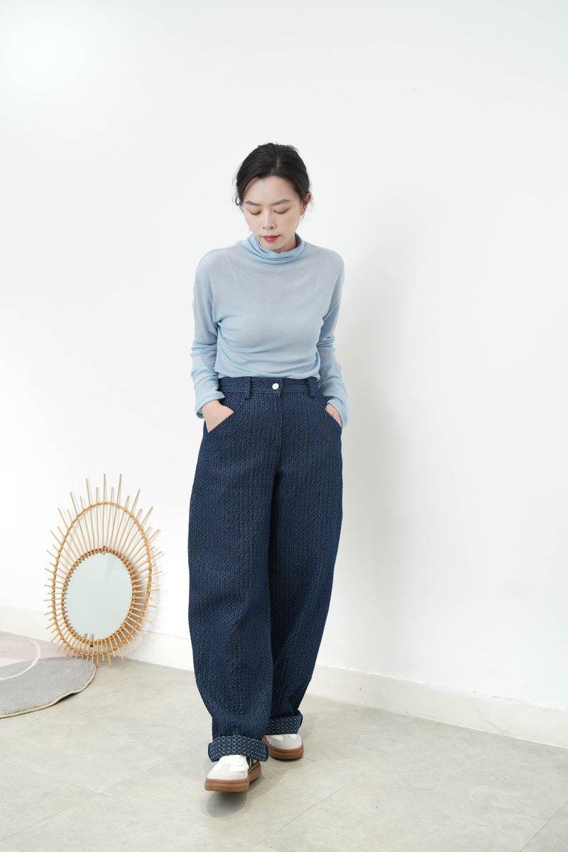 Navy pattern texture wide leg jeans