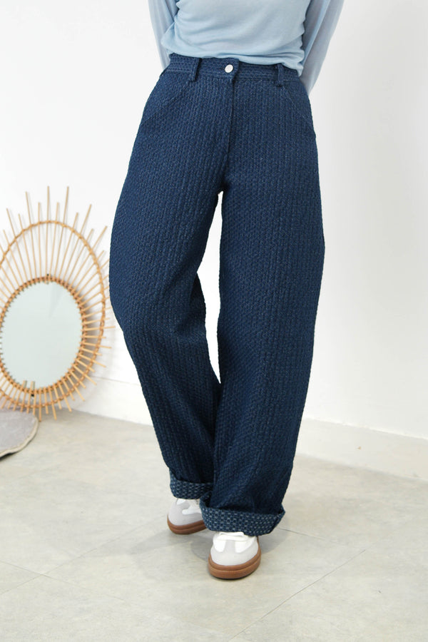 Navy pattern texture wide leg jeans