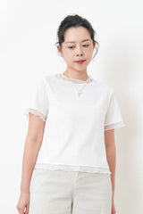 White texture top w/ mesh ruffle trimming