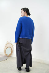 Cyan blue 100% wool cardigan in outline stitching