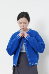 Cyan blue 100% wool cardigan in outline stitching