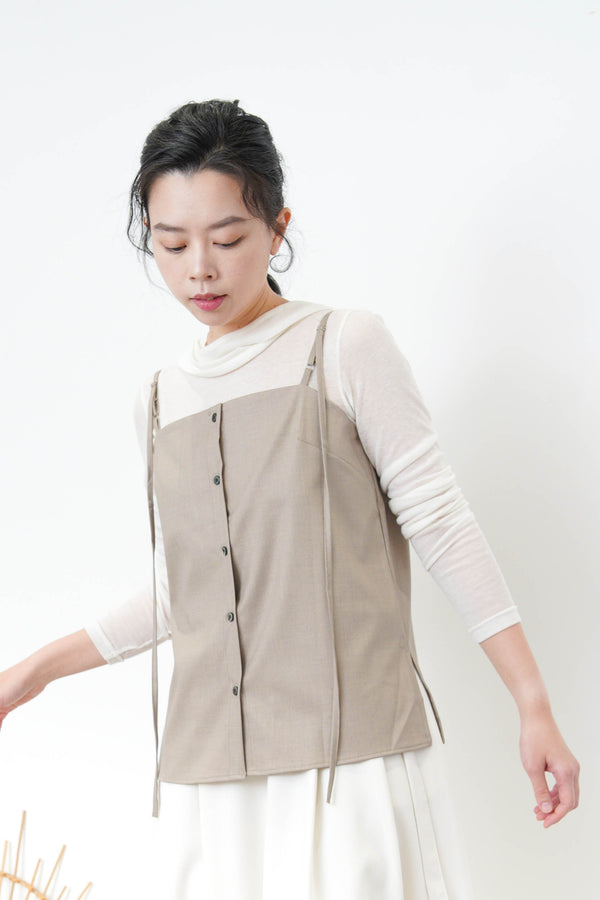 Beige thin strap button cami vest
