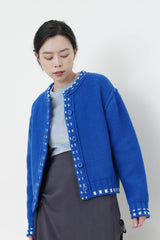 Cyan blue 100% wool cardigan in outline stitching