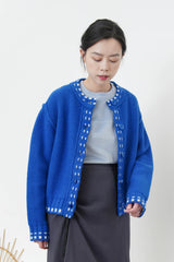 Cyan blue 100% wool cardigan in outline stitching