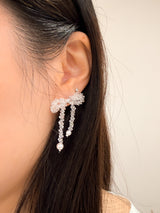 White transparent beaded ribbon earrings