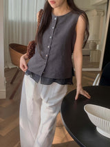 Grey 2 ways double layering linen vest w/ string