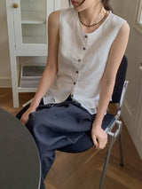 White 2 ways double layering linen vest w/ string