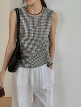 Navy checked vest w/ waist pleats details