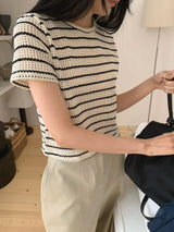 White stripe crochet tee top