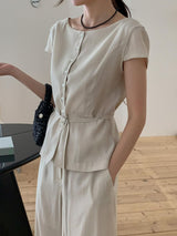 Beige elegant fine cut linen blouse w/ thin belt