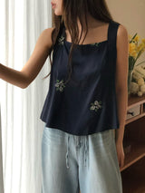 Navy square neck cami in cross embroidery