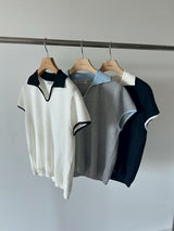 Grey summer knit top w/ contrast collar
