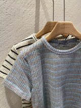 Grey stripe crochet tee top