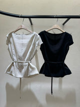 Beige elegant fine cut linen blouse w/ thin belt