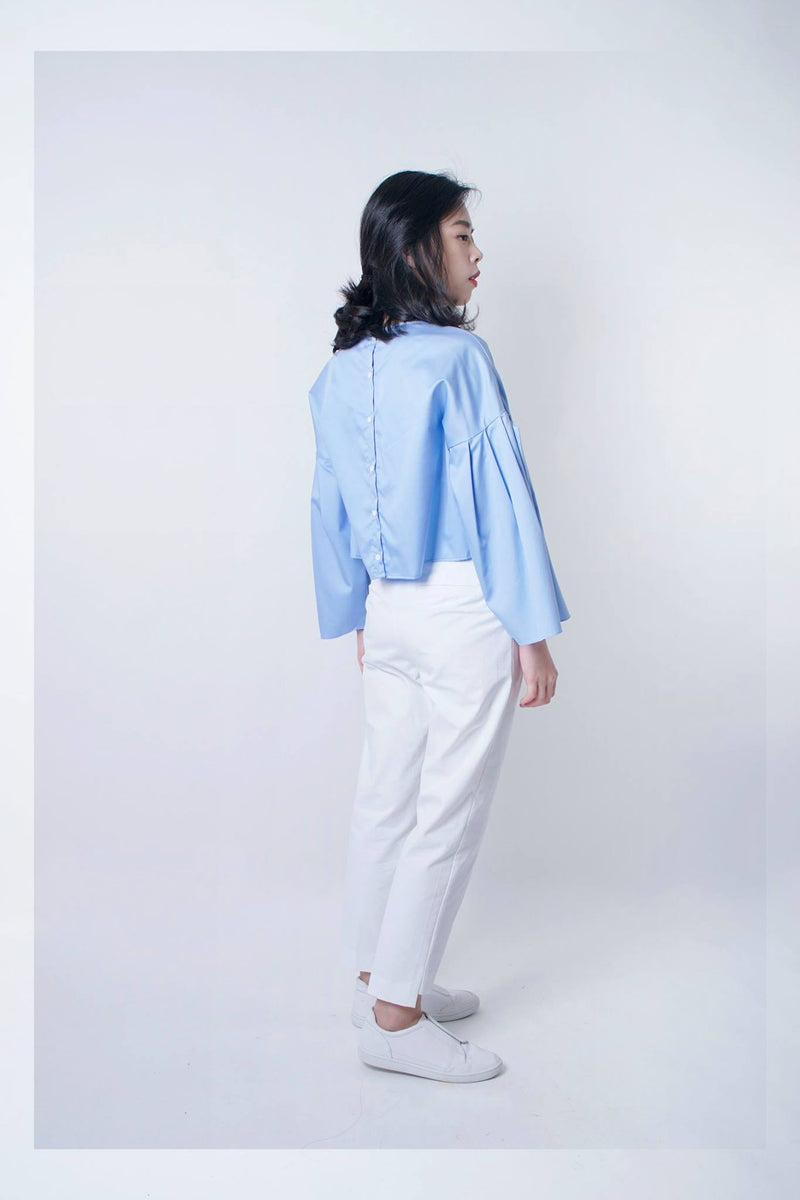 sky blue shirt with pleats sleeves