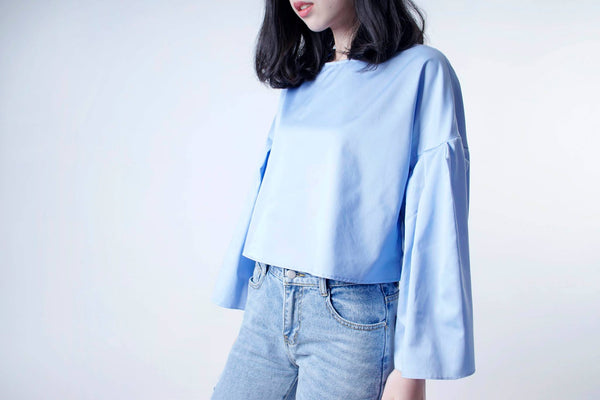 sky blue shirt with pleats sleeves