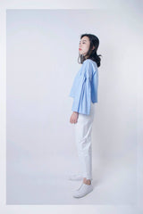 sky blue shirt with pleats sleeves