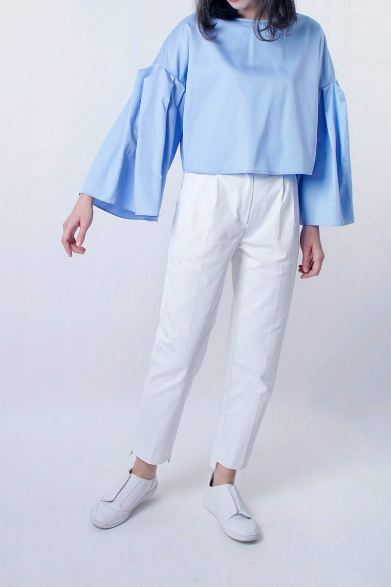 sky blue shirt with pleats sleeves