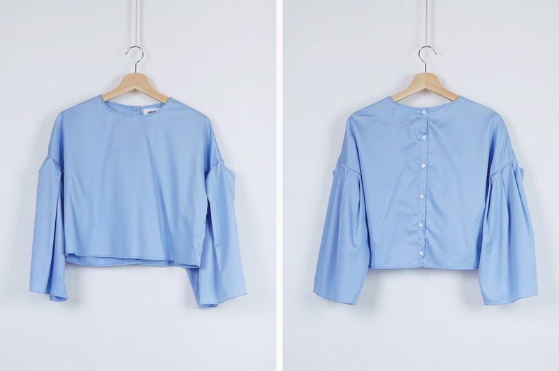 sky blue shirt with pleats sleeves