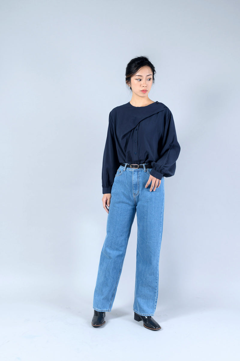 Navy blouse in asymmetric cut