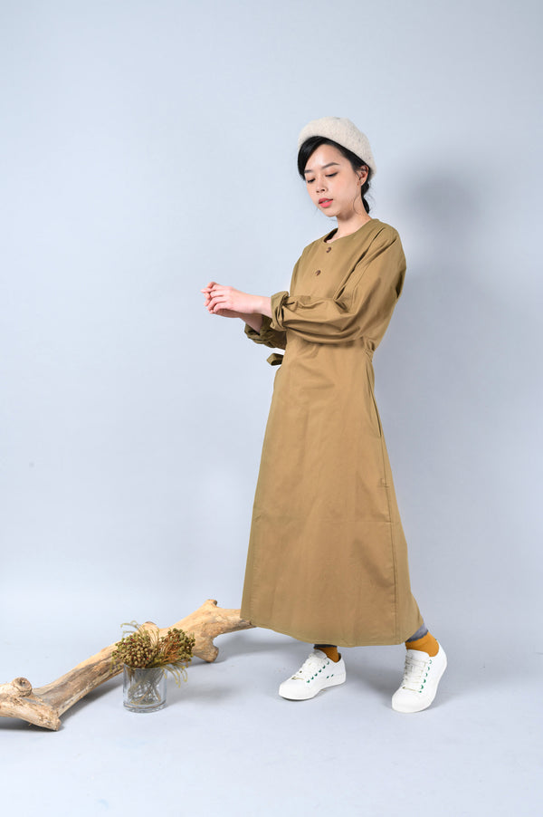 Mocha shirt dress w/ waist tied detail