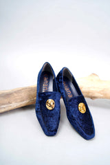 Navy velvet loafers w/ button