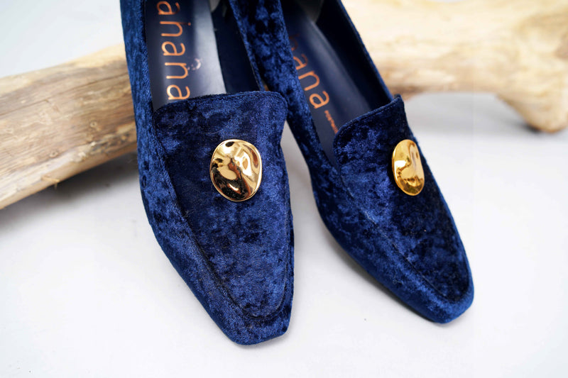 Navy velvet loafers w/ button