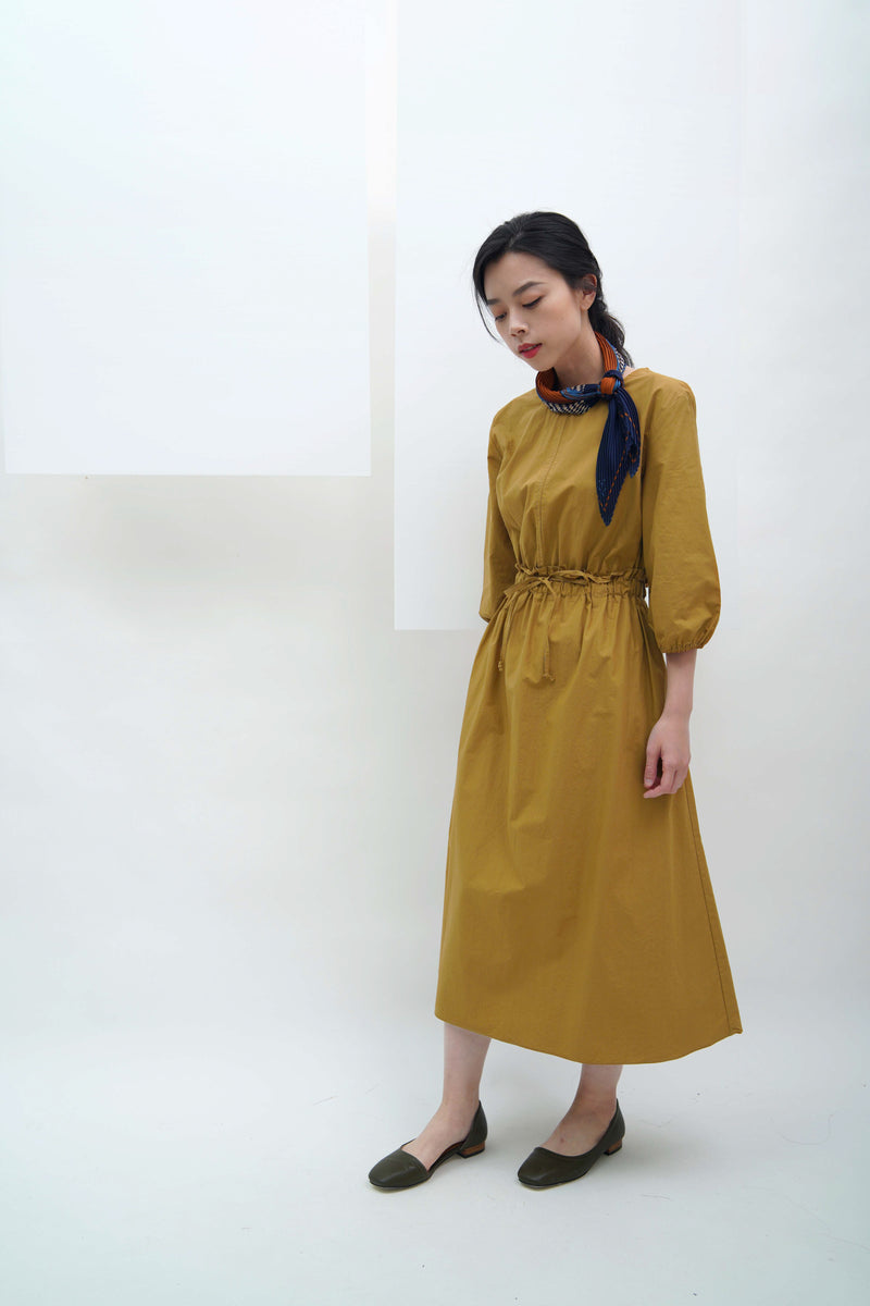 Mustard ballon sleeves dress w/ waist strap
