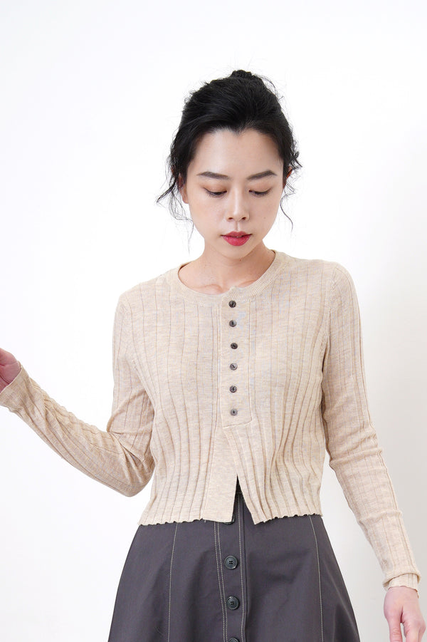 Oatmeal stripes knit cardigan in crop cut