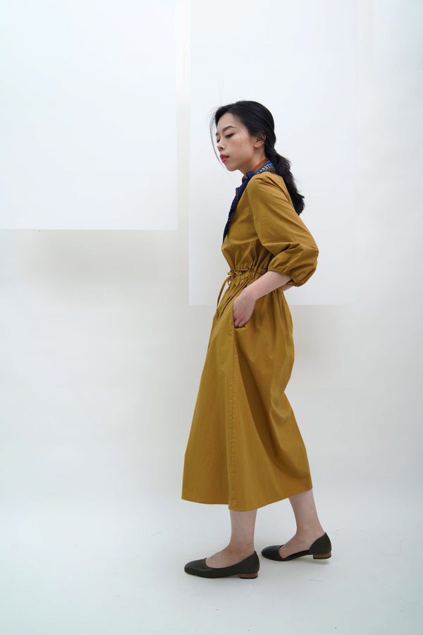 Mustard ballon sleeves dress w/ waist strap