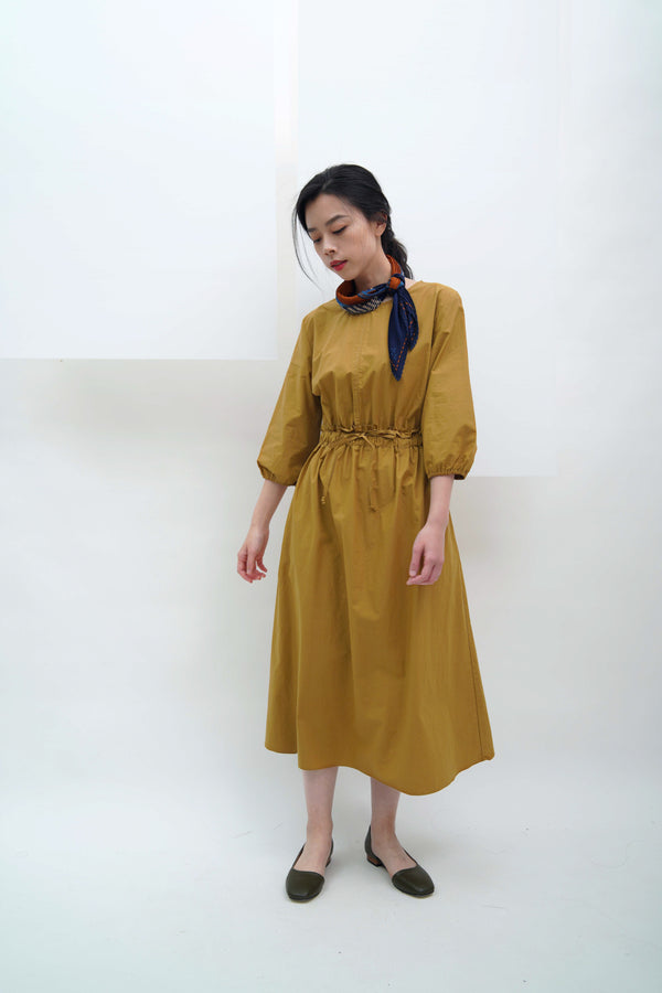 Mustard ballon sleeves dress w/ waist strap