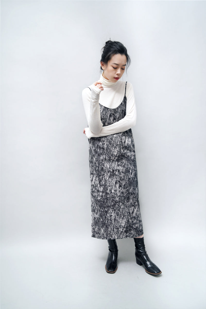 Black cami dress in marble stone print
