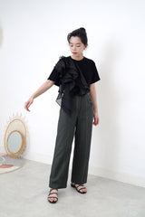 Black tee top in organza ruffles detail