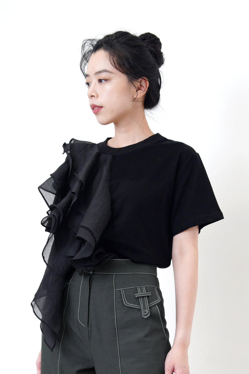 Black tee top in organza ruffles detail