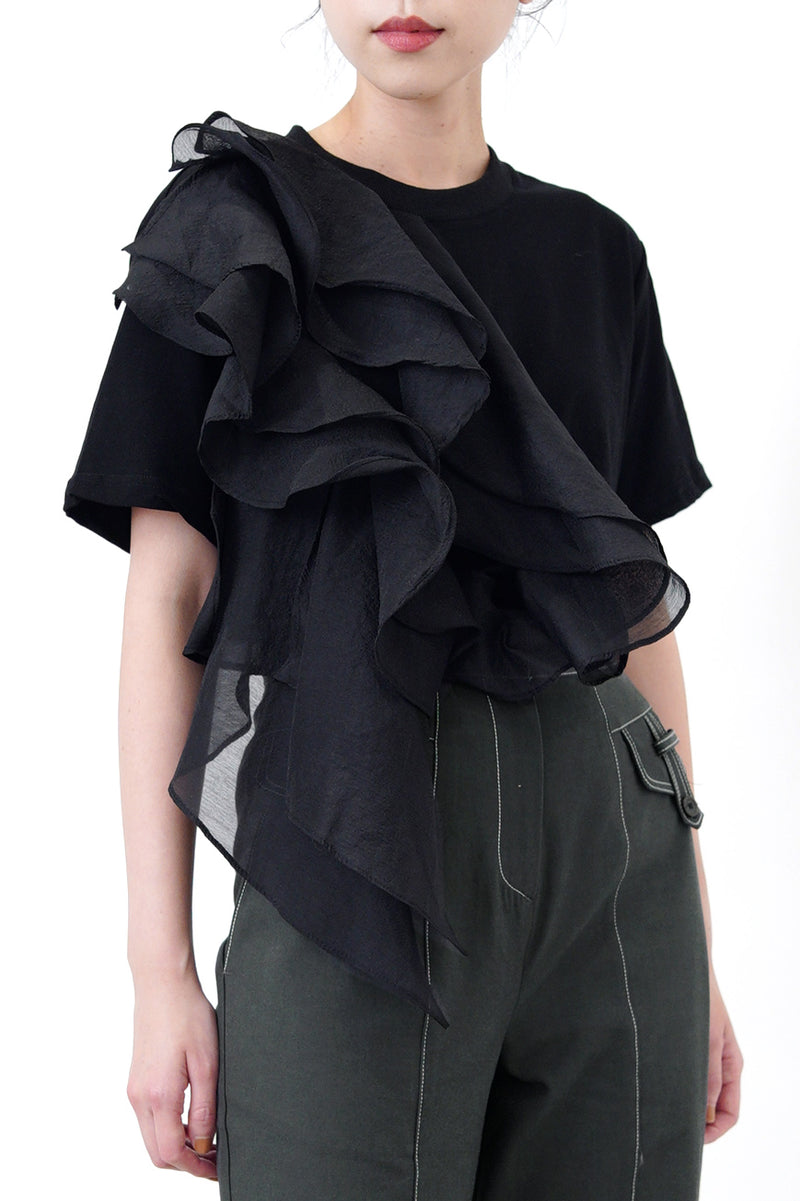 Black tee top in organza ruffles detail