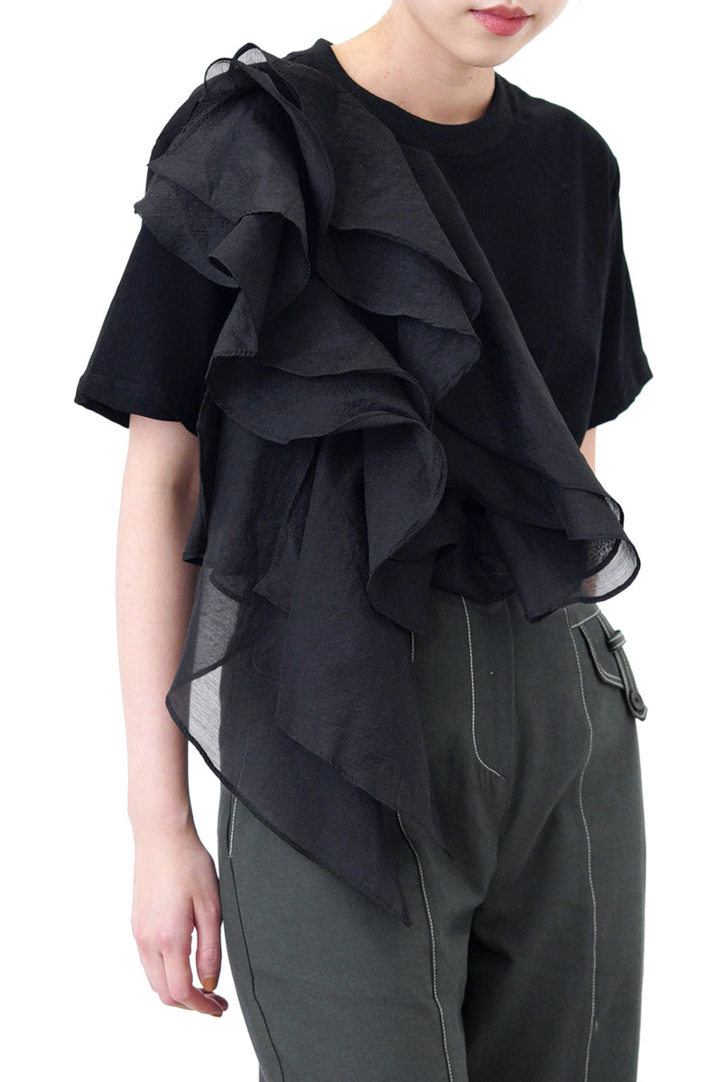 Black tee top in organza ruffles detail