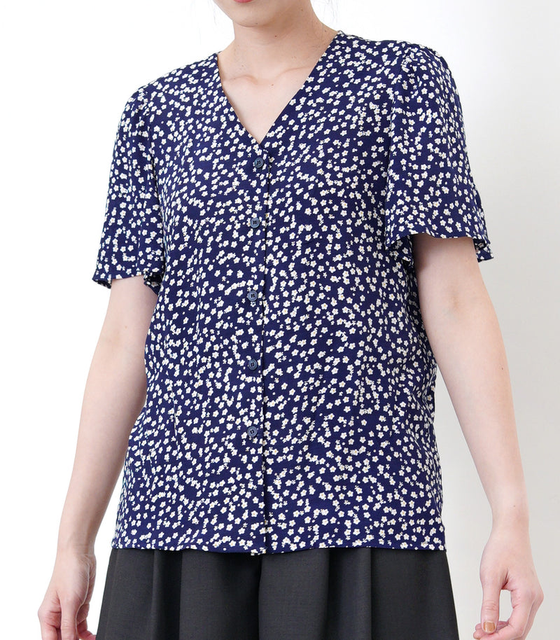 Navy floral blouse in frill sleeves