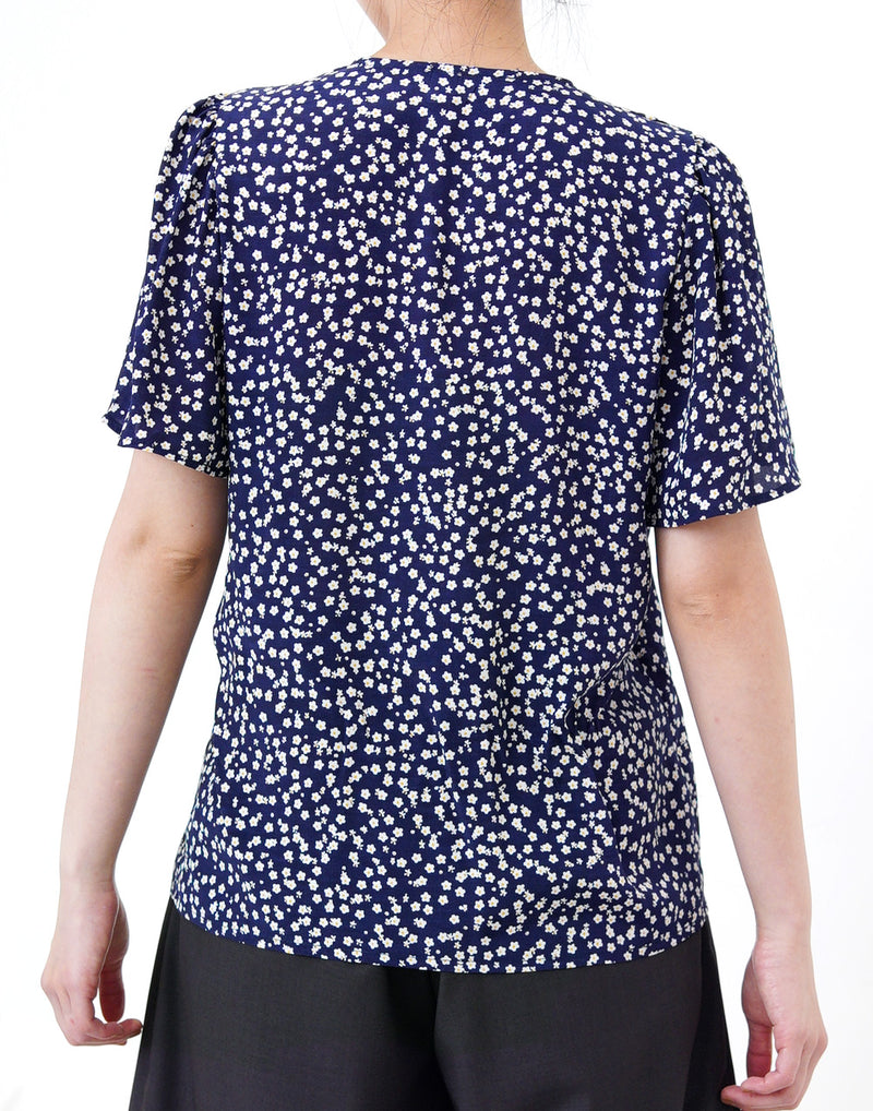 Navy floral blouse in frill sleeves